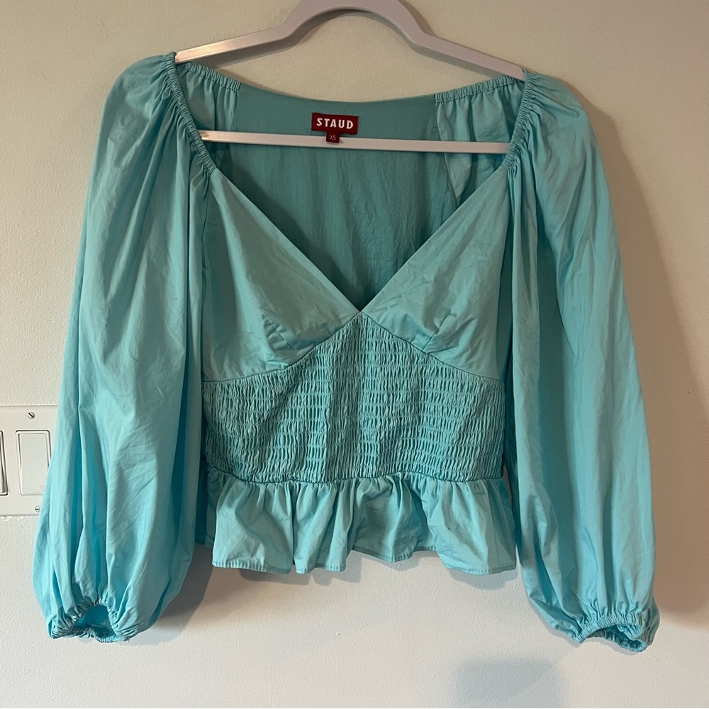 STAUD Lucy Blouson Blue Women's XS Aqua Smocked Balloon Sleeve Blouse